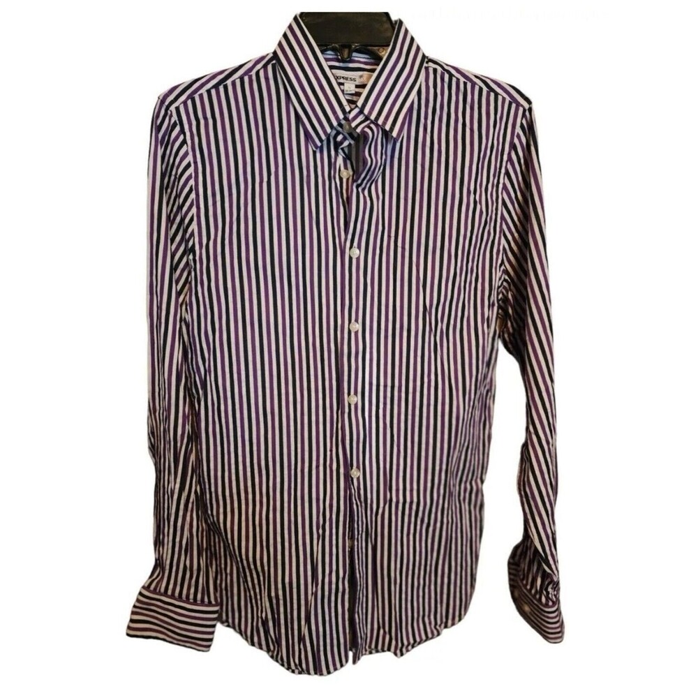 Express 1MX Size S purple/ Navy Stripe long sleeve shirt 14- 14 1/2